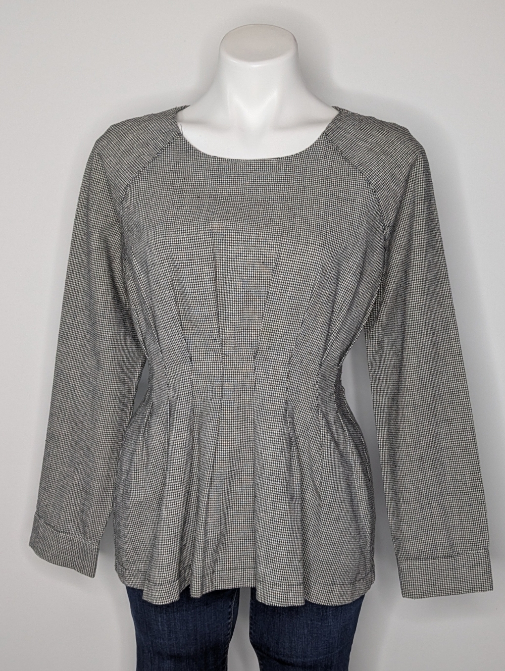Modern Vintage Black White Houndstooth Peplum Linen Cotton Top M